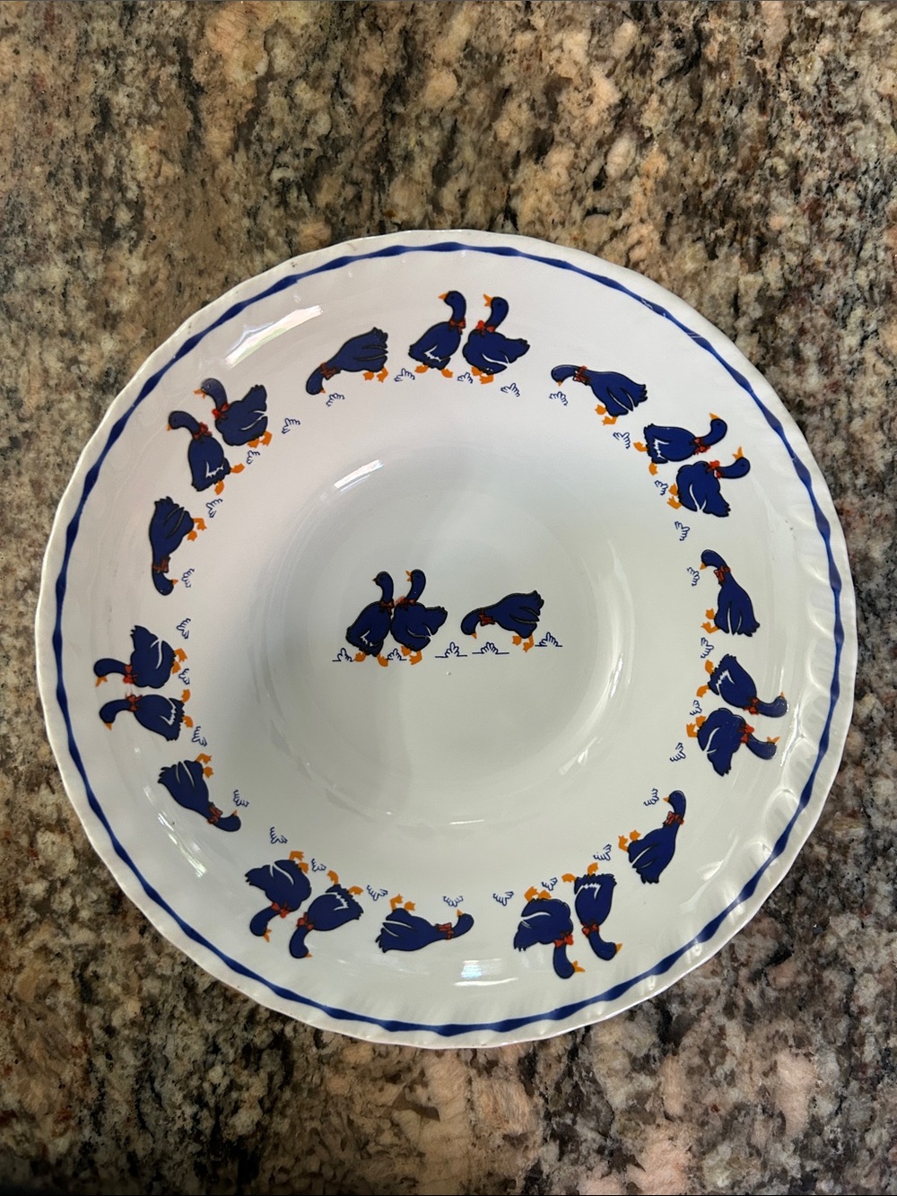 Vintage White Ceramic Serving Bowl with Blue Duck Motif